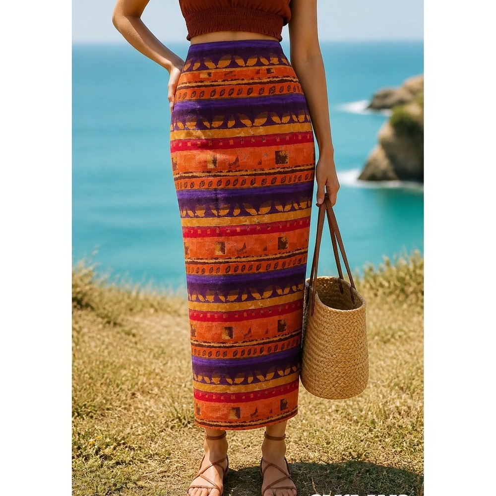 Dorothy Schoelen Platinum Maxi Skirt Orange Purple Abstract Tribal Print Vintage